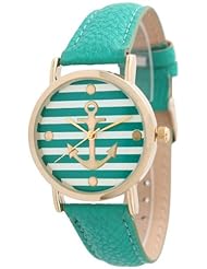 Womens Geneva Striped Anchor Style Leather Watch - Teal