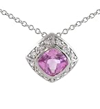 Sterling Silver Squared Pendant with Pink Center Stone with Chain