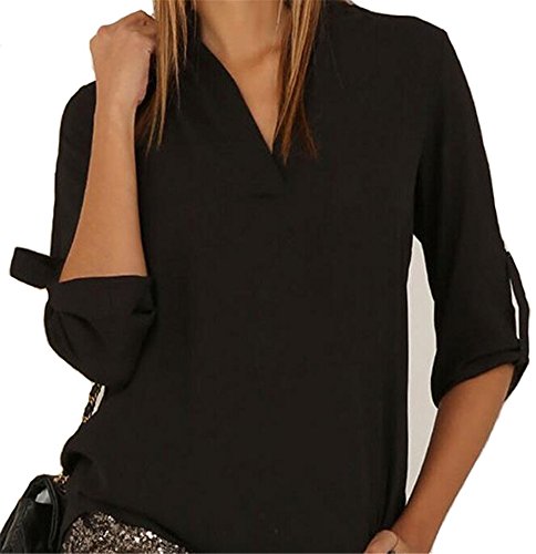ETCYY Women's Plus Size V-Neck Cuffed Sleeve Chiffon Blouse Shirts Tops