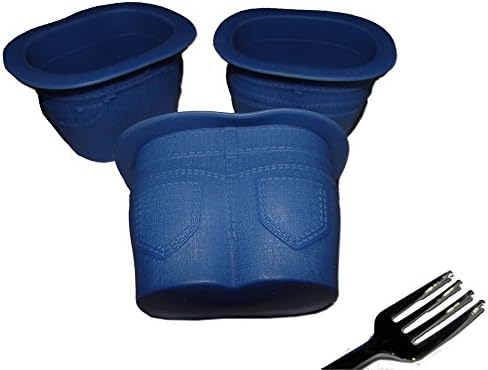 Set 6 Muffin Top Jeans Shape Silicone Baking Cups - As Batter Rises, Spills Over Waistband, Creates Muffin Top, Bonus 6 Silver Plastic Mini Forks and Free PDF Kitchen Tips with Muffin Recipes, More