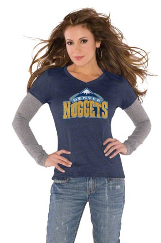 Denver Nuggets Navy Women's Primary Logo Tri Blend Long Sleeve Layered T-Shirt- by Alyssa Milano