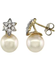 14k Gold Flower Pearl Earrings w/ 0.14 Carat Brilliant Cut ( H-I Color; VS2-SI1 Clarity ) Diamonds & 8mm White Pearls