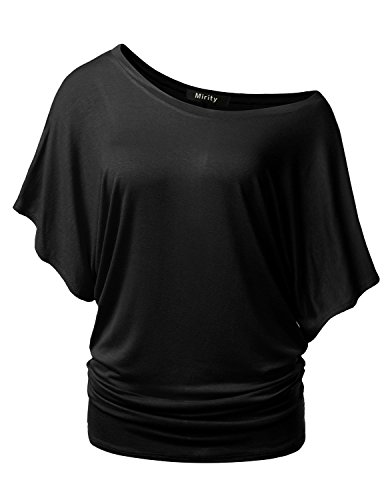 Mirity Womens Short Sleeve Boat Neck Cute Solid Shirring Dolman Drape Tops Color Black Size M