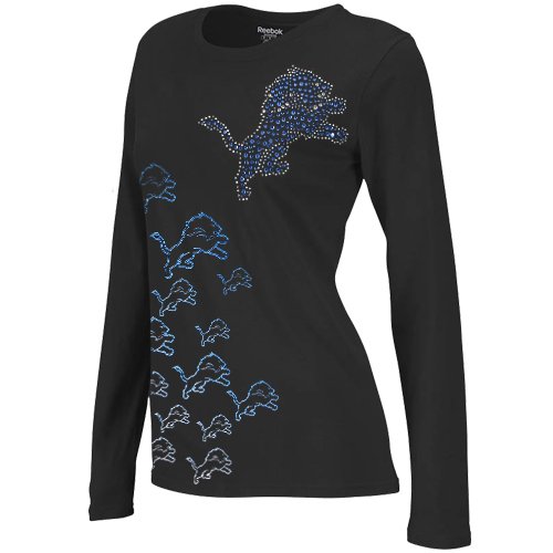 Reebok Detroit Lions Ladies Multi Rhinestone Logo Long Sleeve T-Shirt - Black (X-Large)