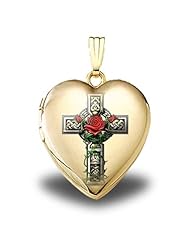 14K Yellow Gold "Celtic Cross With Rose" Sweetheart Locket 3/4 inch x 3/4 inch in Solid 14K Yellow Gold