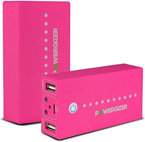 POWERGIZER 6000mAh Small Size Dual USB Fast Charge 2.1A and 1A Power Charging Bank PINK. with Built-in Red Laser Pointer, Bright LED Light and Black UV Light