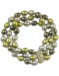 14k 3 strand (dyed) multi color green freshwater cultured pearl bracelet, 7.5"