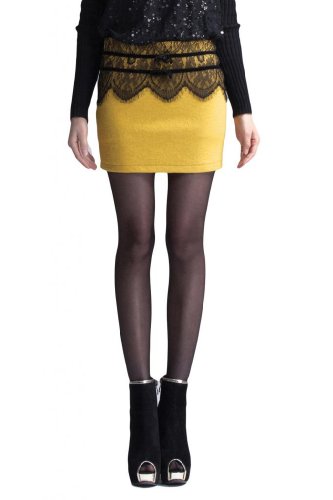 1veMoon Women's Elegant and Lace Bowknot Splice Wool Mini Dress,Yellow,Regular Sizing 6