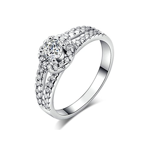 Zealmer Rhodium plated Round Cut Diamond Accent Cubic Zirconia CZ Split Shank Wedding Bridal Ring