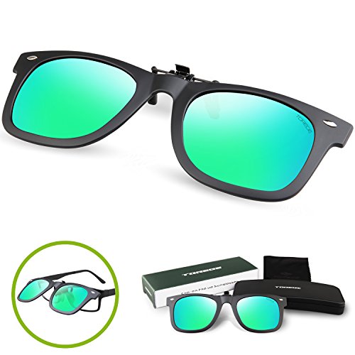 Torege Polarized Clip-on Flip up Rubber Clip Sunglasses Lenses ESM-TR90 Frame Lenses For Driving Cycling Fishing T001(Upgrade Green)