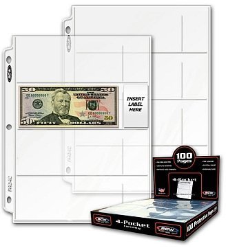 100 Pages Of Bcw Pro 4-Pocket Modern Currency Storage Pages (Box Of 100) - 100 4-Pocket Currency Pages 2.75