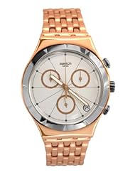 Swatch YCG408G Pushback White Chrono Date Ana Rose Gold Steel Unisex Watch NEW