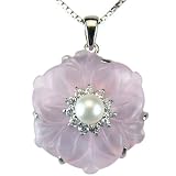 Rose Quartz Cubic Zirconia Flower Cultured Pearl Platinum Overlay CAREFREE Sterling Silver Pendant Necklace