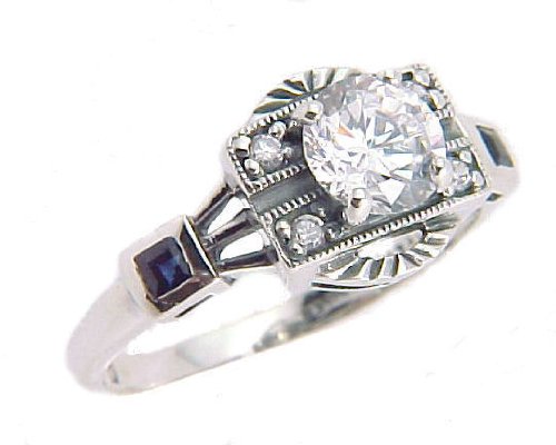 Art Deco Style Sterling Silver .85ct Cubic Zirconia and Sapphire Ring
