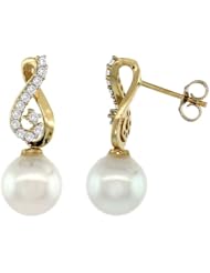 14k Gold Heart-shaped Loop Pearl Earrings w/ 0.24 Carat Brilliant Cut ( H-I Color; VS2-SI1 Clarity ) Diamonds & 9mm White Pearls, 7/8 in. (22mm) tall