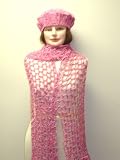 S305, Hand Crocheted Multipink Polyester Cotton Gimp 12 Inches By 92 Inches Scarf with Matching Beret Cap for Women and Teens