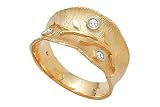 14K Yellow Gold Hand-Crafted Matte-Finish Designer Ring, Enhanced with White Gold Bezel Set Diamonds.