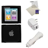 GTMax 4 Pieces -White Travel Charger+White Car Charger+Black Silicone Case+LCD Screen Protector For Apple iPod Nano 6th Generation