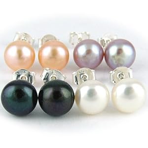 Set of 4 Freshwater Cultured 7-7.5mm Pearl Button Stud Sterling Silver Earrings