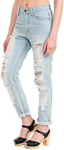 Modelina Women's Ripped Jeans Destroyed Skinny Denim 5 Pocket Light Blue L