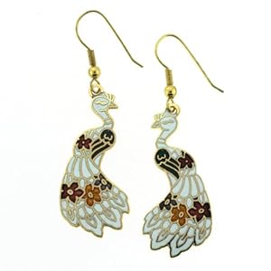 Gold Plated Peacock Cloisonne Earrings - 38x17mm, White