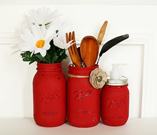 Rustic Red Handmade Painted and Distressed Mason Jar Kitchen Utensil Holder- Kitchen Accessory Containers- Soap Pump