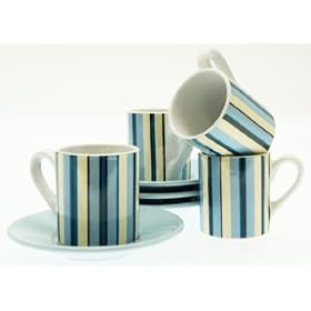 Espresso Coffee Cups & Saucers Set - Retro Blue Stripes
