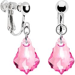 Sterling Silver Austrian Crystal Pink (October) Baroque Dangle Clip Earrings
