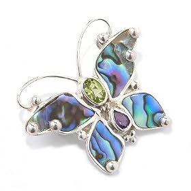 Sterling Silver Paua Shell, Peridot and Amethyst Butterfly Pin Pendant by Offerings