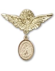 14K Gold Baby Badge with St. John the Baptist Charm and Angel with Wings Badge Pin