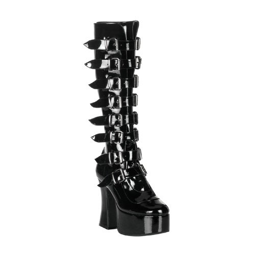 4 3/4 Inch Trendy Gothic Boot Black Platform Boot Knee High Boots 8 Buckled Black Patent Size: 7
