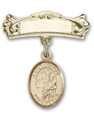 14K Gold Baby Badge with St. Jerome Charm and Arched Polished Badge Pin