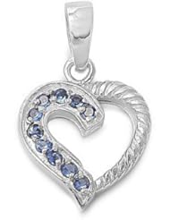 Sterling Silver Blue Sapphire CZ Heart Pendant Unique Charm Pure 925 New 15mm with 1.4mm Box Chain