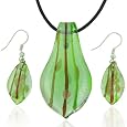 Emerald/olive Striped Leaf Drop Pendant Earrings Murano Glass Jewelry Set
