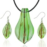 Emerald/olive Striped Leaf Drop Pendant Earrings Murano Glass Jewelry Set