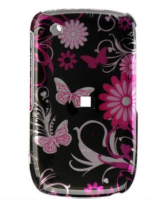 Black with Pink Butterfly Snap on Hard Skin Faceplate Cover Case for Blackberry Curve 8520