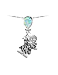 Original Star K (tm) Little Girl Holding a Balloon Mother October Birthstone Created Opal Pendant in 925 Sterling Silver