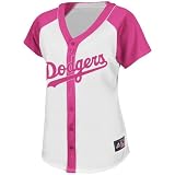 MLB Women's Los Angeles Dodgers Short Sleeve 5 Button Synthetic Replica Baseball Jersey (White/Pink Splash, Large)