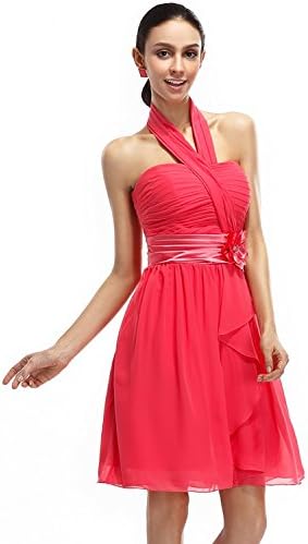 Vampal Coral Short Chiffon Halter Bridesmaid Dress With Front Cascade 22W Coral