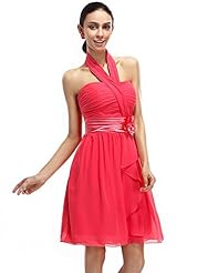 A-line Chiffon Lace Natural   Waistline Knee Length Short Halter Bridesmaid Dress 