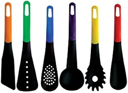 KnGLuv 6 Piece Kitchen Tool Set Non Stick-Non Scratch Heat Resistant Slotted Spoon, Slotted Turner, Ladle, Spaghetti Server, Flexible Turner, Solid Spoon, Nylon Cooking Utensils with Colored Handles