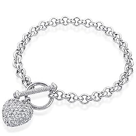 Sterling Silver Rolo Heart Bracelet with White Sapphire - 7.5in by Netaya
