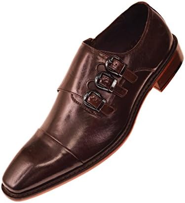 Steven Land Footwear Collection Mens Classic Brown Genuine Leather Cap Toe Triple Monkstrap Dress Shoe with Side Zipper : Style SL308-065