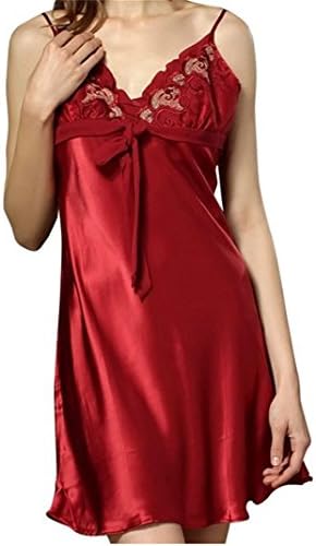 Womens Classic Lace Strap Deep V-neck Silk Nightgowns Pajamas Wine Red XXL
