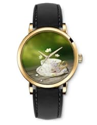 SPRAWL Aanalog Fashion Series Gold Ladies Watches of Genuine Black Leather Strap,Unique Wrist Watch for Women Girls Designed with Stylish coffee cup