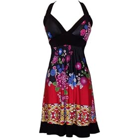 Asian Floral Halter Dress Knee-Length