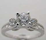 14k White Gold Feminine Diamond Engagement Ring, Baguette Diamond Accents