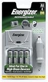 Energizer e2 Charger for AA & AAA Rechargeable Batteries with Car and Home Adapter & 4 AA Batteries