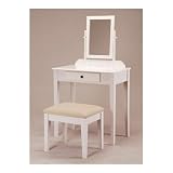 White Bedroom Vanity Table with Tilt Mirror and Cushioned Bench