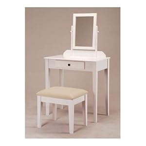 White Bedroom Vanity Table with Tilt Mirror & Cushioned Bench